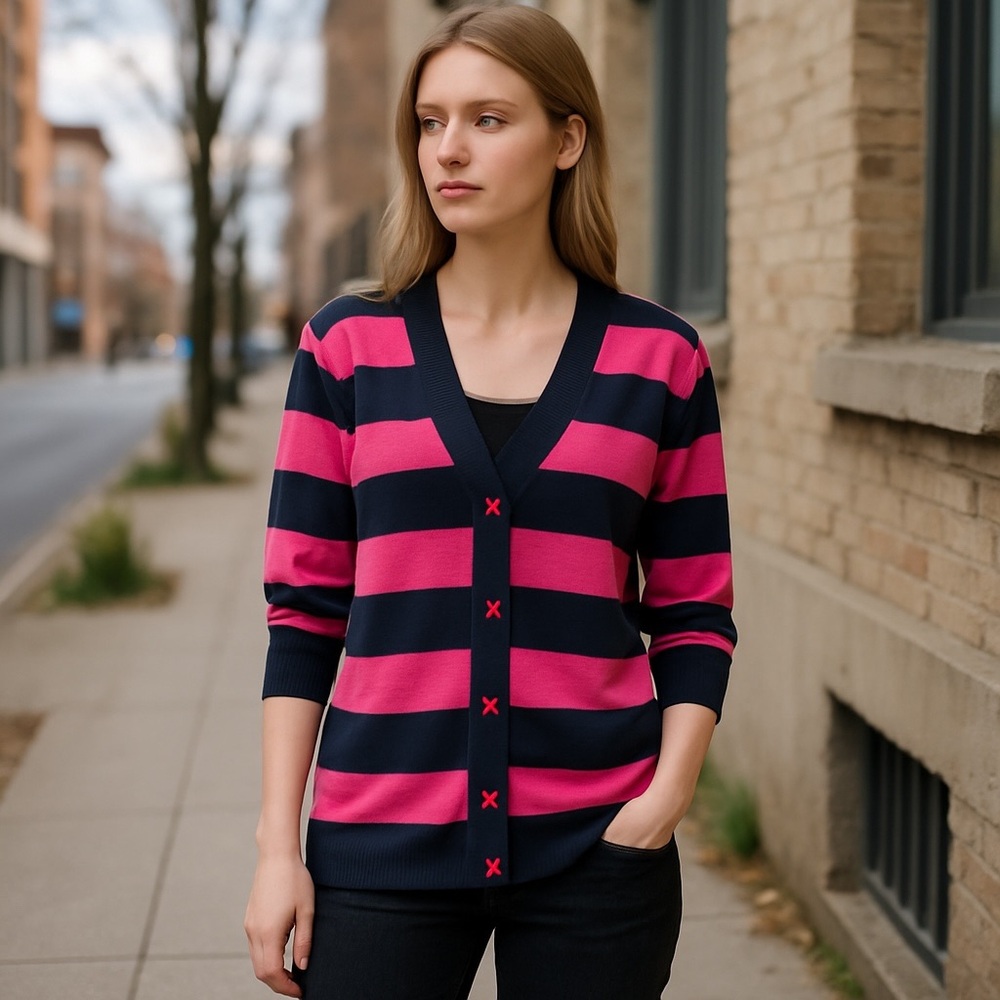 NWT BOUTIQUE Buy Out Women's Striped Sweater - Pink and Navy